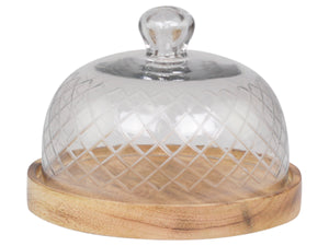 Glass and mango wood food dome